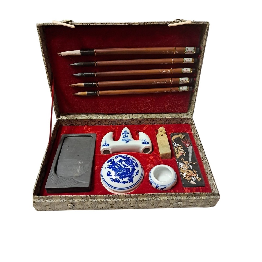 Vintage Chinese Calligraphy Set Writing‎ Box Kit w/brushes & ink. NIB